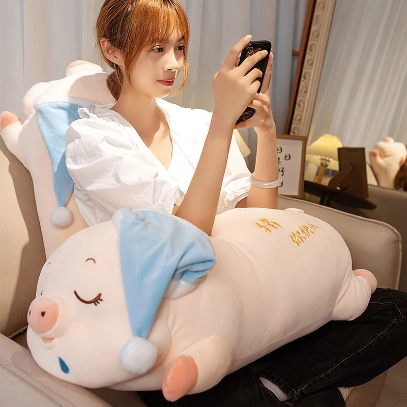 Kawaii Fast asleep Pig Long Plush Toy Stuffed Soft Anime Animal Cartoon Piggy Doll Baby Hug Pillow for Girls Kids Xmas Gift Deco