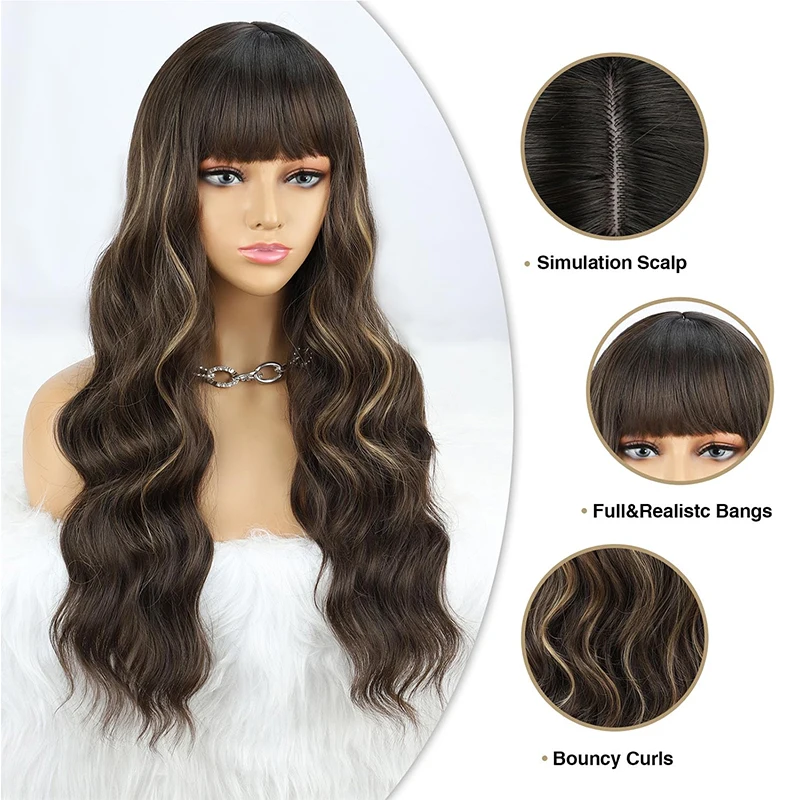 Perucas sintéticas de onda de água com Franja para mulheres, cabelo ondulado longo do corpo, ombre, preto, solto, diário, festa, cosplay, resistente ao calor