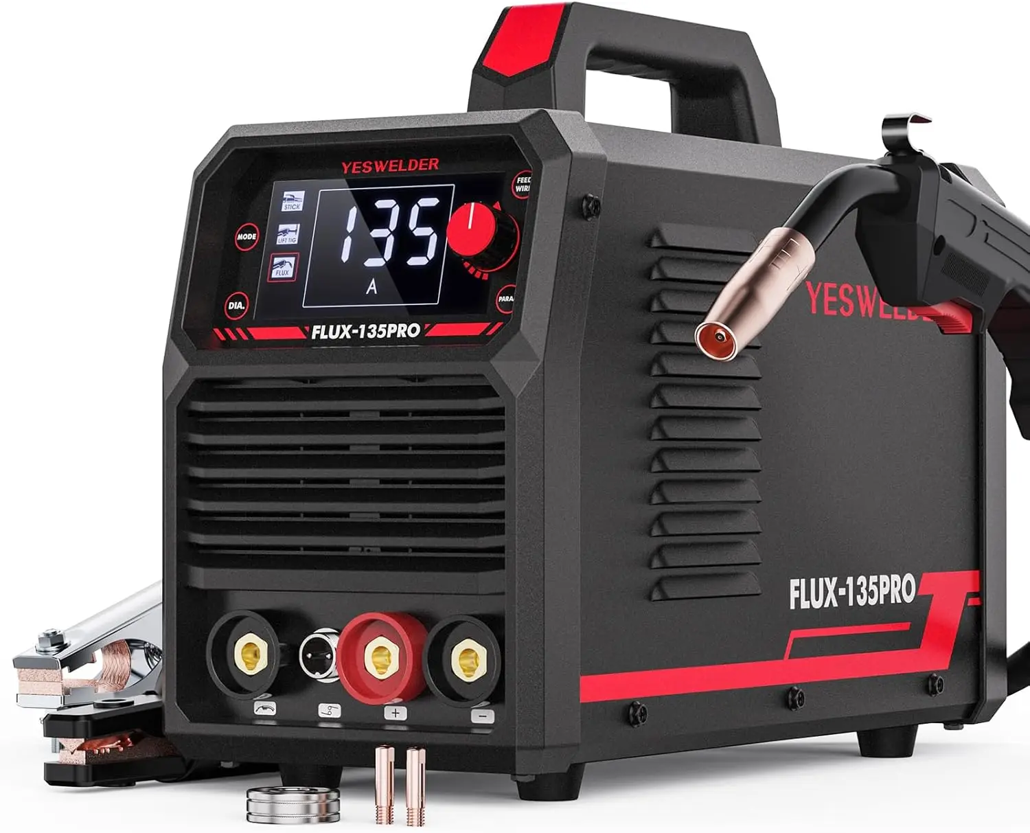 

YESWELDER 135Amp MIG Welder,110V Flux Core Welder Flux MIG/Lift TIG/Stick 3-in-1 Large LED Digital Display Welding Machine IGBT