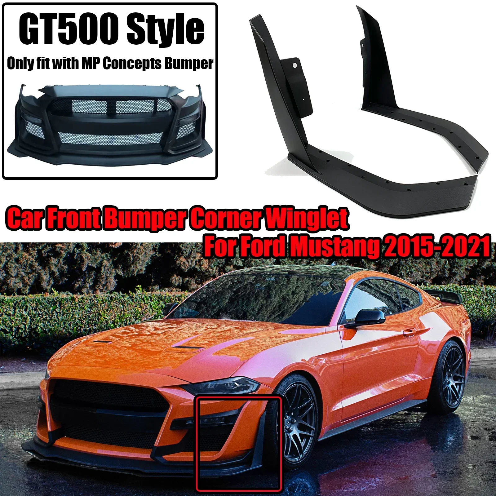 

A Pair Car Front Bumper GT500 Style For Ford Mustang 2015-2021 Corner Spoiler Winglet Splitters Fit with MP Concepts Bumper