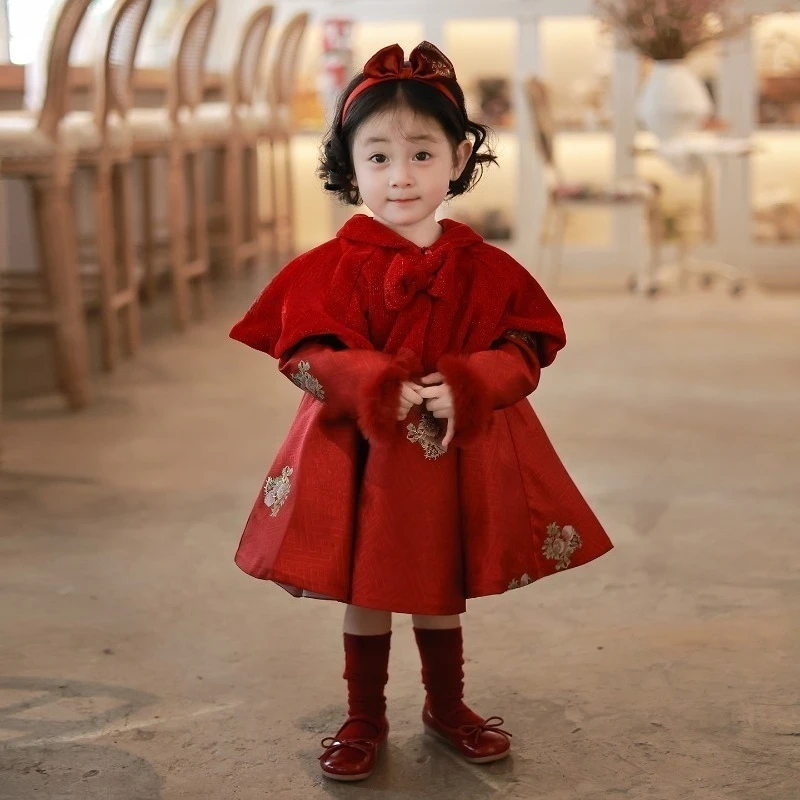 Baby Girl Red First Birthday Long Sleeve Party Dress Princess Gown Chinese Kids New Year Ceremonial Outfit Banquet Red Costume