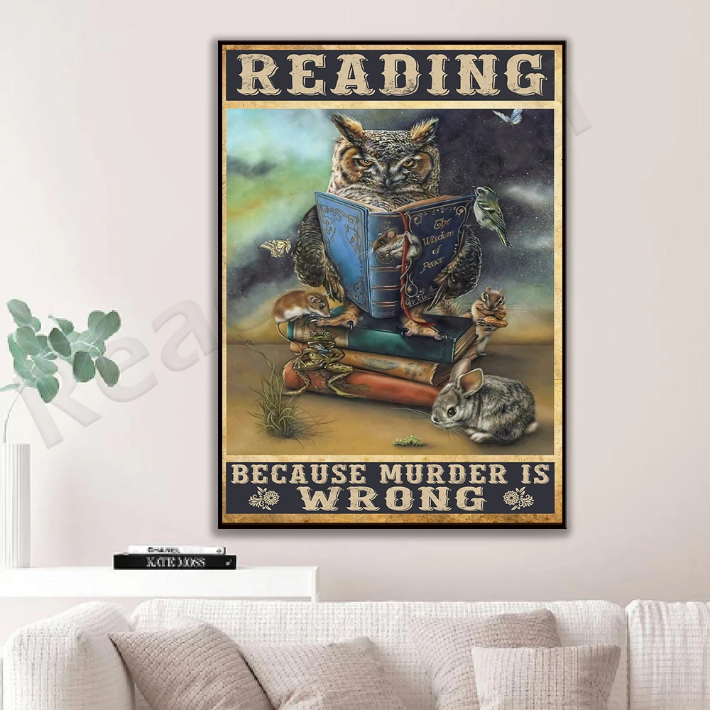 Owl and book lover poster, owl reading because murder is wrong, book art, animal prints, love to read books vintage poster