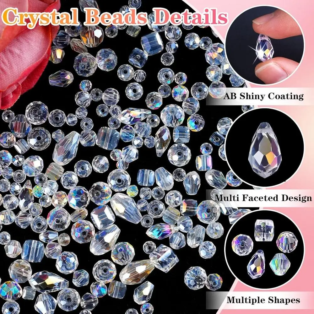 600 Pcs Crystal Glass Beads for Jewelry Making, Crystal Beads with Box, Assorted Bicone, Rondelle, Cube, Teardrop & Spacer Beads for DIY Crafts Bracelets, Necklaces, Earrings, 4/6/8mm, AB Color view 2
