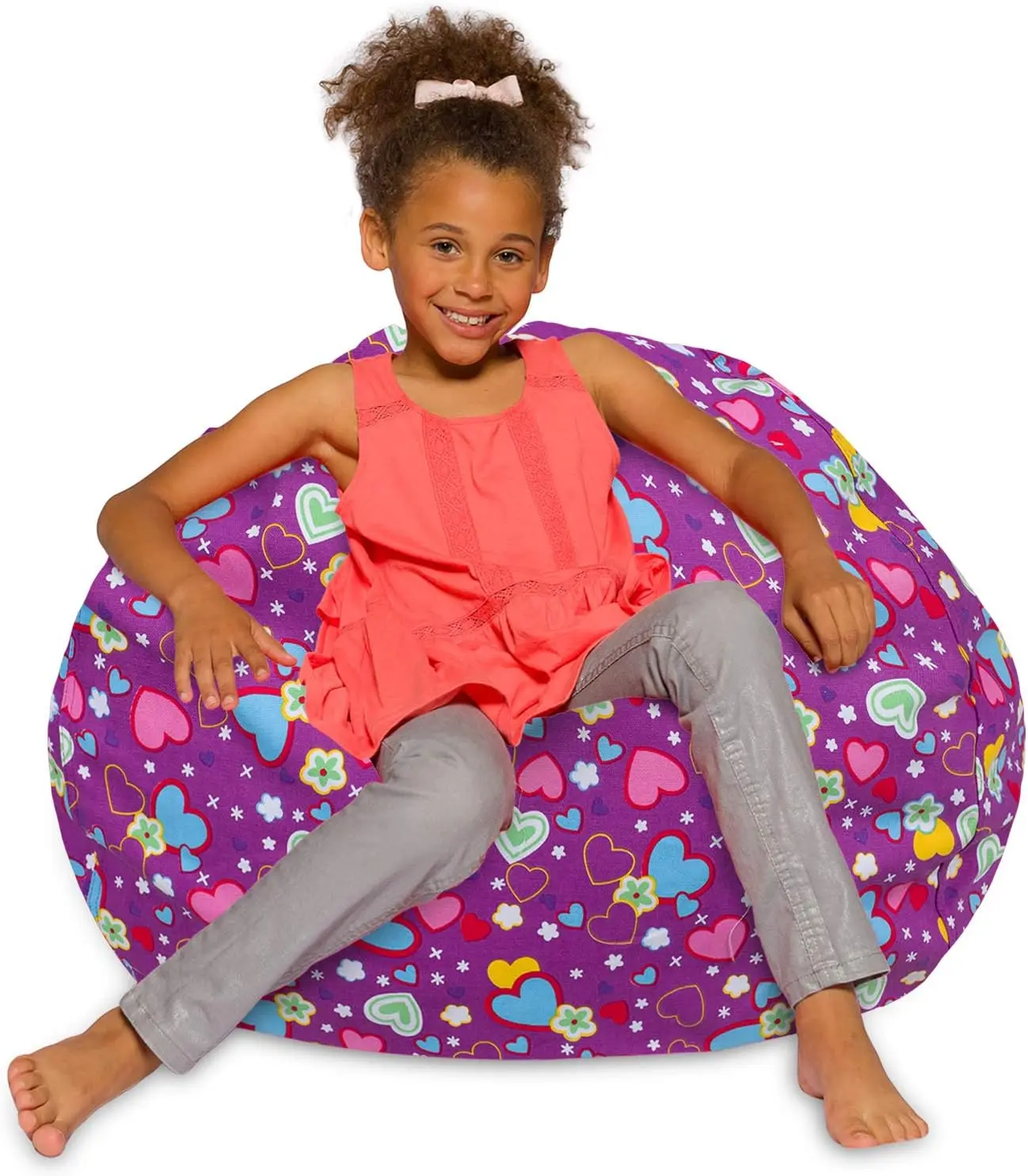 

Large 38in Bean Bag Chair with Multi-Colored Hearts on Purple Canvas, Removable Washable Cover