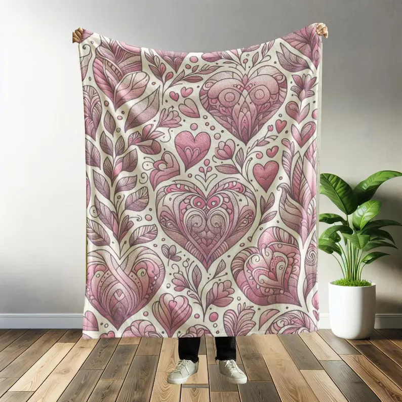 

Романтический плед с розовым узором в виде сердец, элегантный цветочный дизайн, мягкий флис, декор для дома