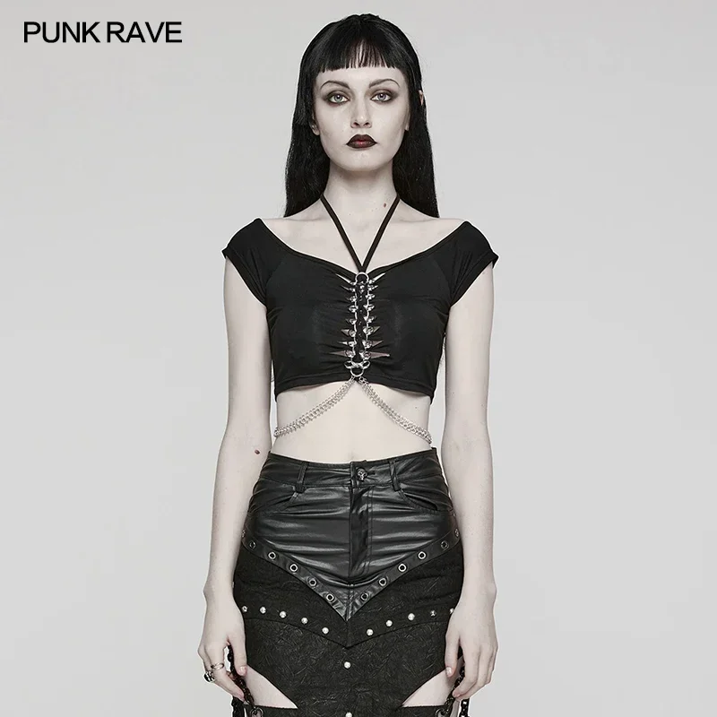 

PUNK RAVE Women's Punk Personality Front Metal Rings T-shirt Gothic Daily Sexy Black Short Tops Women Clothes Summer