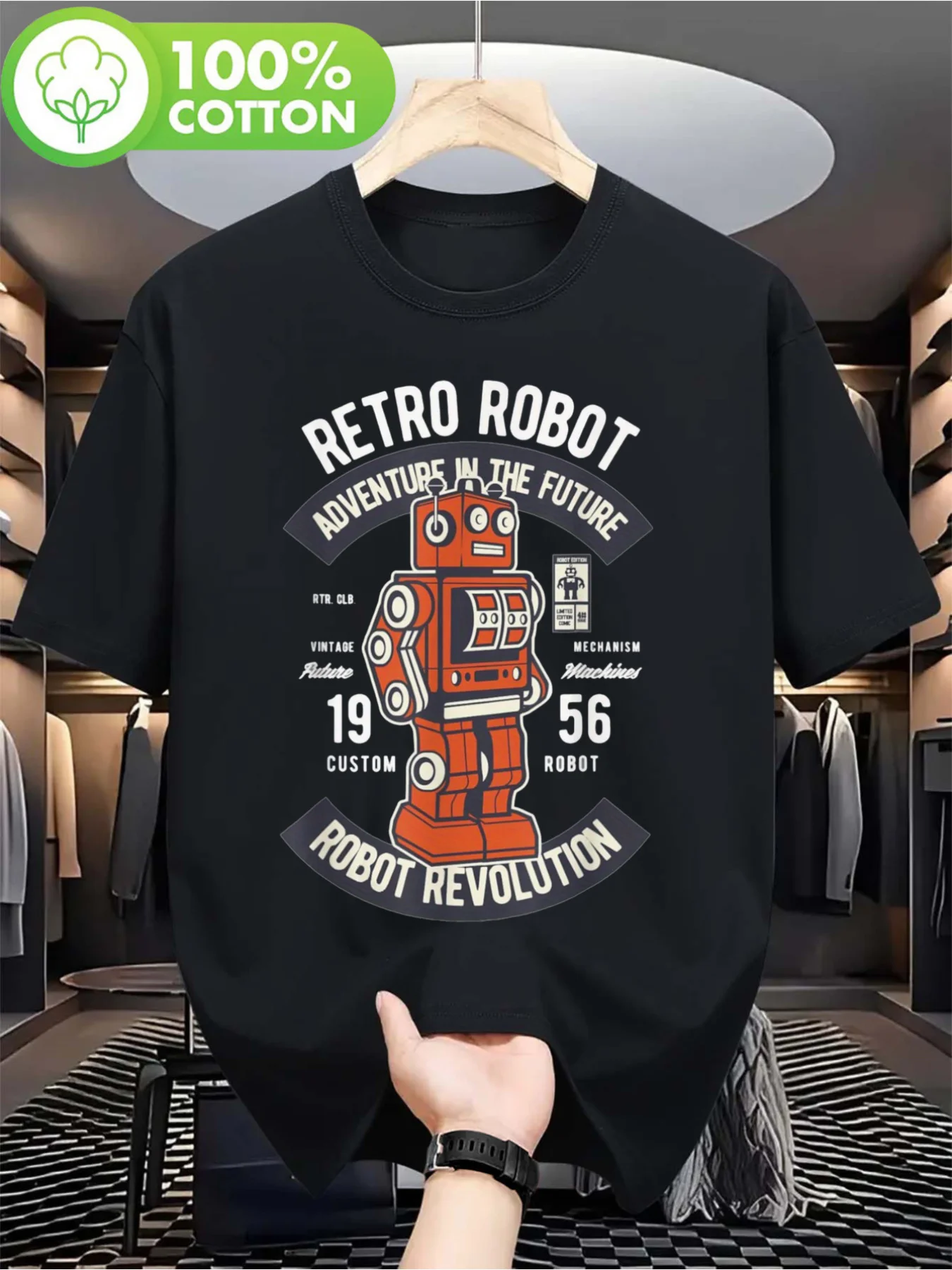 Men's Retro Robot Adventure In The Future Graphic T-Shirt - Cotton, Casual Crew Neck, Short Sleeve, All-Season Knit Top With 