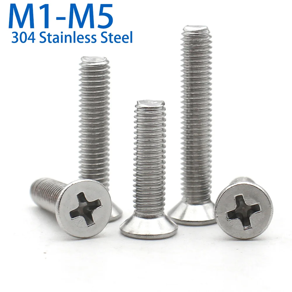 20-200pcs M1 M1.2 M1.4 M1.6 M1.7 M2 M2.5 M3 M3.5 M4 M5 304 Stainless Steel Cross Phillips Flat Countersunk Head Screw Bolt