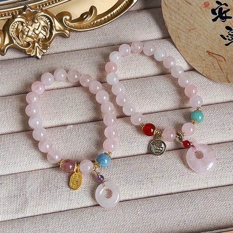 

Natural Madagascar Pink Crystal Bracelet Women's Retro Peace Buckle Pendant Simple Retro National Style Beaded Bracelet