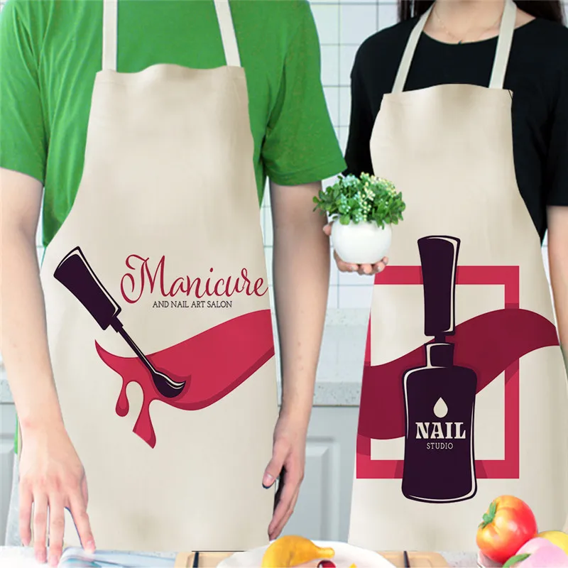 Linen Flower Nail Polish Theme Print Kitchen Aprons Unisex Dinner Party Cooking Bib Funny Pinafore Cleaning Apron