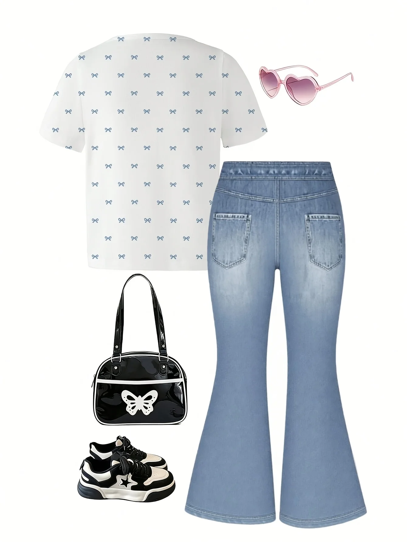 2-Piece Set for Girls: Faux-Denim Print Bow-Accented Short-Sleeve T-Shirt (Crew Neck) & Elastic-Waist Flared Pants – Simple, St