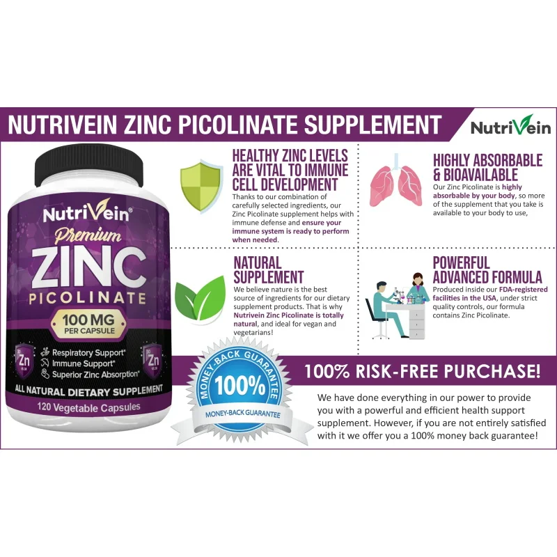 Premium Zinc Picolinate 100 Mg Per Serving - 120 Capsules - Boosts Immune Support, Sleep & Energy