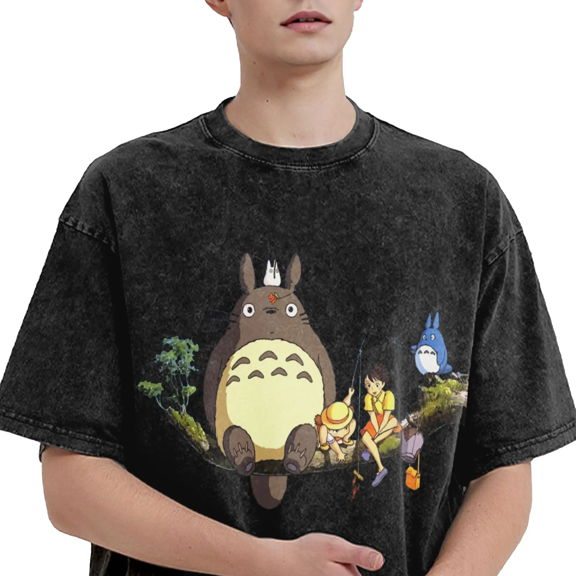 Totoro-Miyazaki Anime T Shirts Hip Hop Washed 100% Cotton Harajuku T-Shirts  Retro Men Women Tops Streetwear Summer Tee Shirt view 2