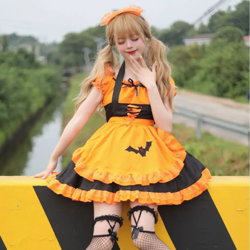 Halloween Cosplay Maid Costume for Women Bat Pattern Embroidered Gothic Servant Dress Halloween Party Vampire Witch Role Play