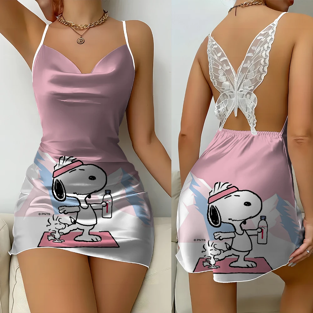 

Disney new ladies backless fashion casual dress Snoopy print sexy women's nightgown back lace butterfly nightgown