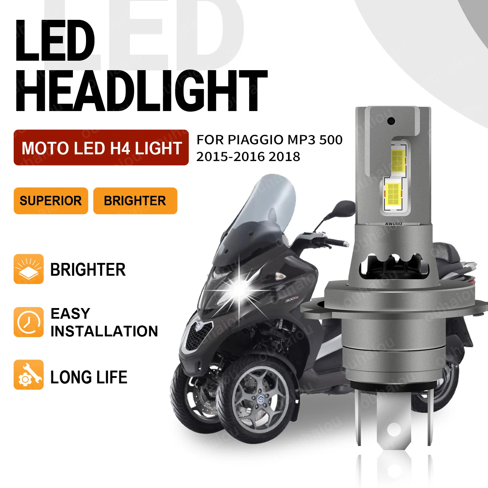 

For Piaggio MP3 500 2015 2016 2018 Light Motorcycle H4 LED Canbus Headlight 15000LM/Bulb 12V Headlamp Motorbike
