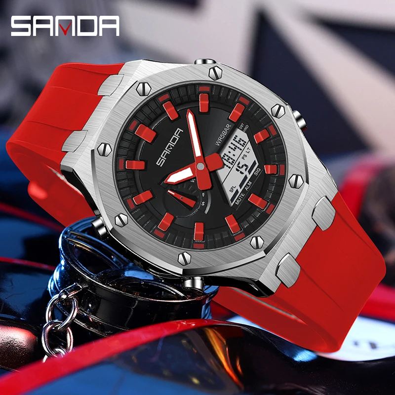 SANDA-reloj eléctrico multifunción para hombre, pulsera con alarma luminosa, resistente al agua, a prueba de golpes, tendencia de moda, novedad de 3309