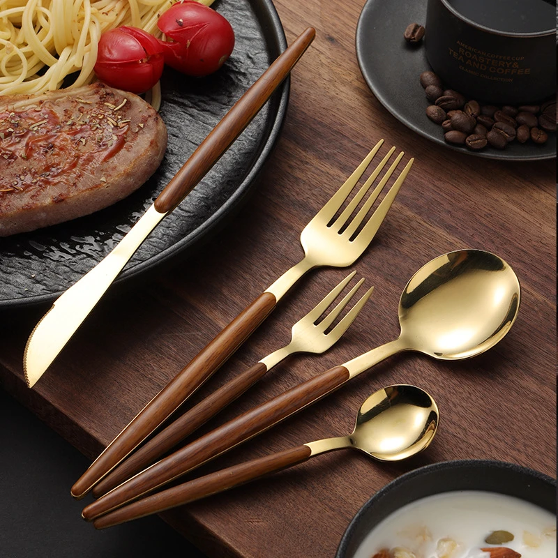 Tableware For Home Dinnerware Stainless Steel Silver Golden Knife Fork Spoon Wooden Handle Flatware Kitchen Western Cutlery