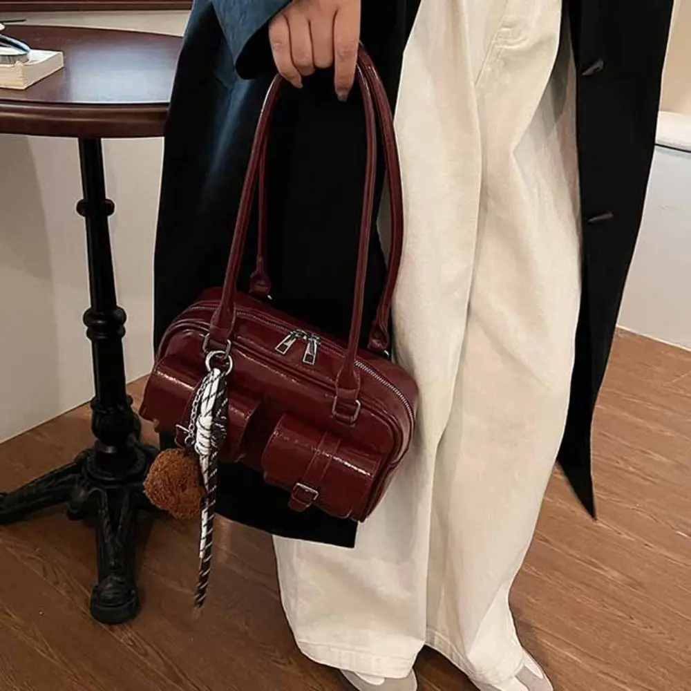 Simple Korean Style PU Bowling Bag Solid Color Minority Design Pocket Boston Tote Bag Handbag French Style Underarm Bag Girls