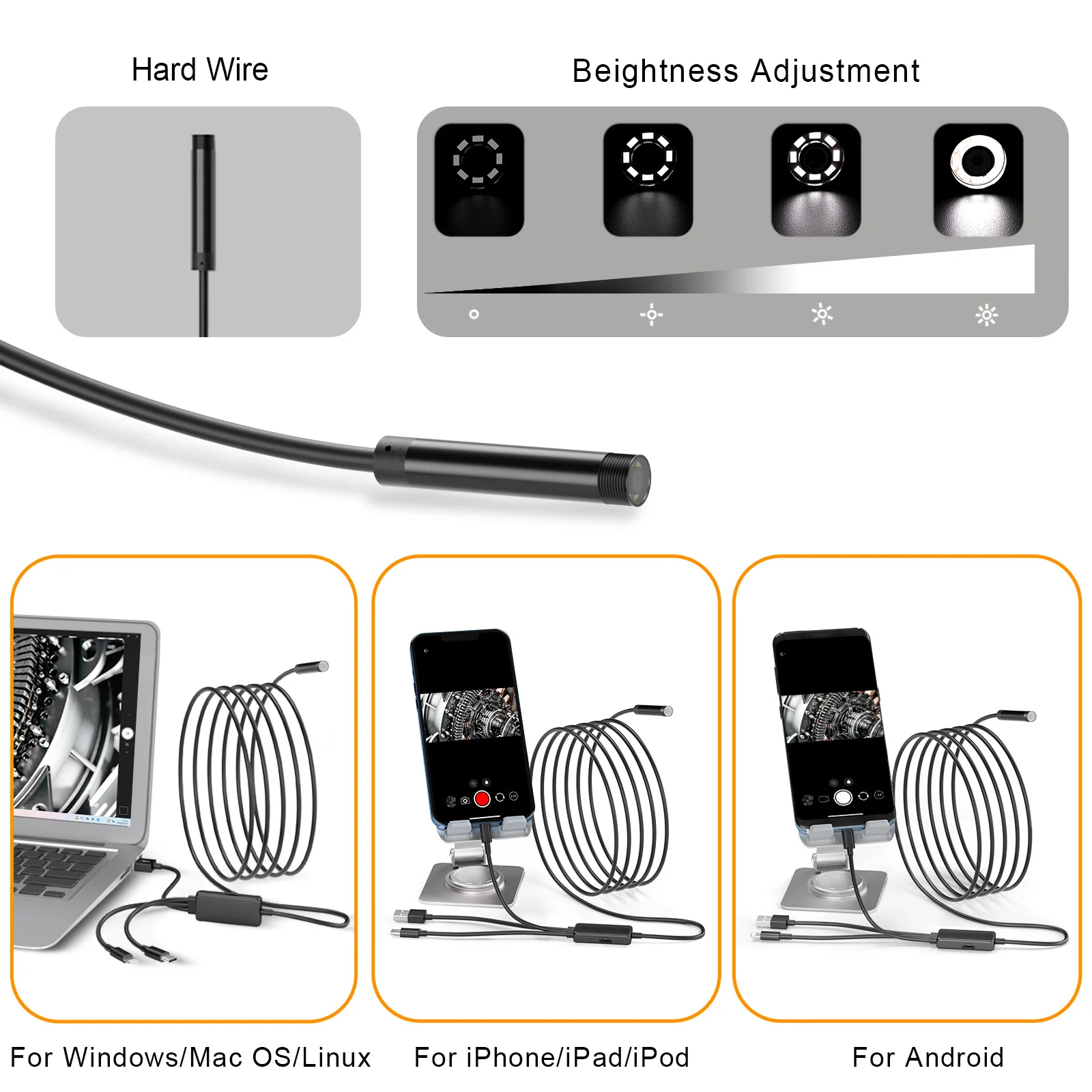 3 in 1 Endoscope Inspection Camera for Micro USB/Type-C/IOS iphone Waterproof Sewer Industrial Piping Car Borescope 1080P HD