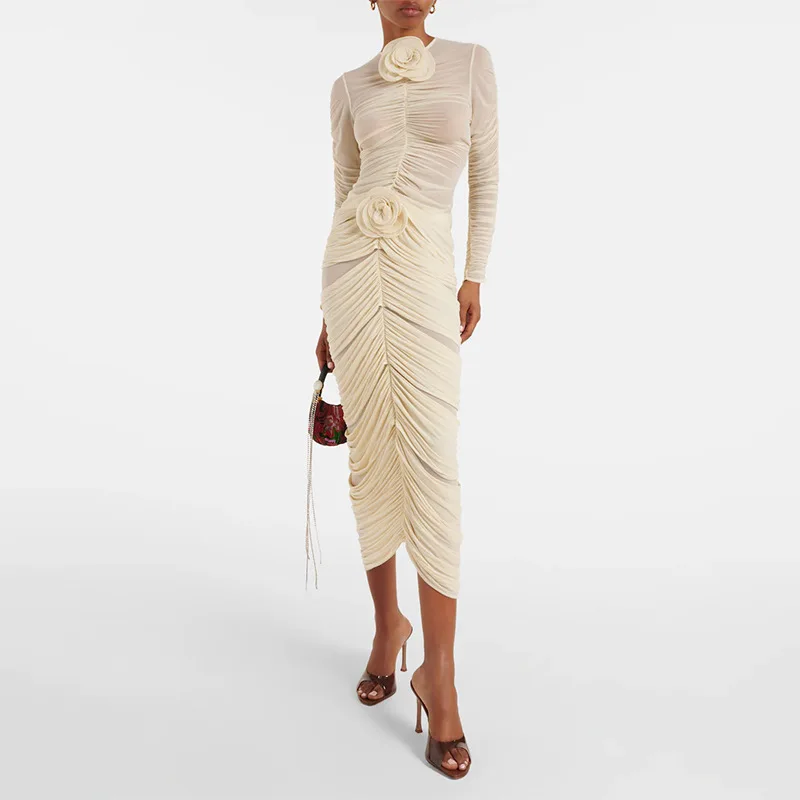 

Fashion pleated three-dimensional flower top + hip skirt suit women's simple luxury temperament elegant high-end party dress