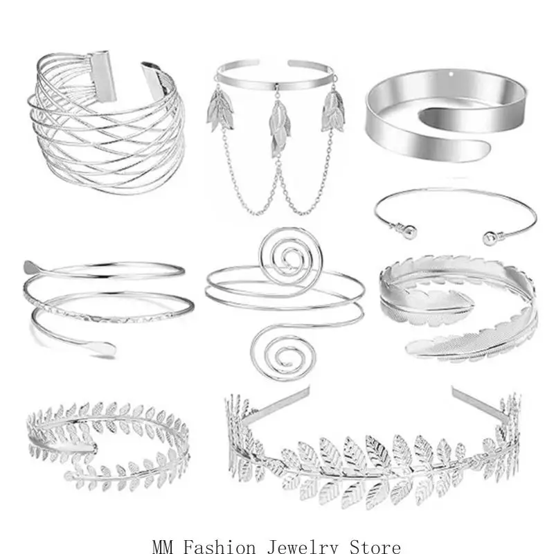 Metal Arm Cuff Bracelet Assortment, 8 Open-Ended Wire and Chain Bangle for Varied Fashion Accessorizing D0UB