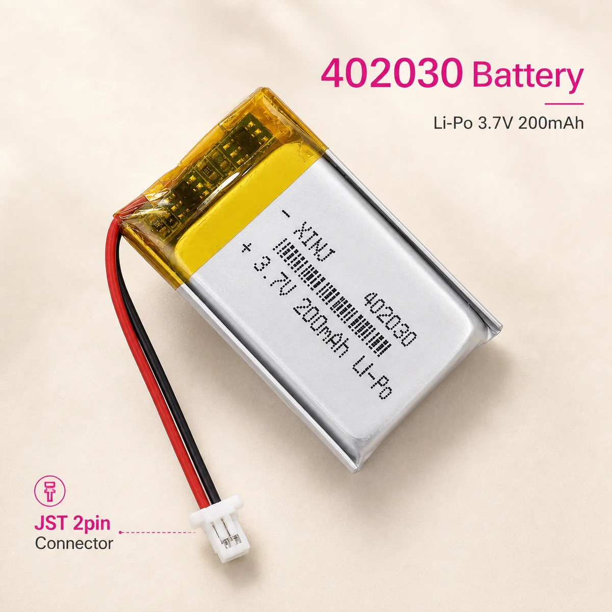 Rechargeable Li-ion Battery 402030 3.7V 200mAh 0.74Wh with JST 2Pin 1.0mm Plug for Sat Nav MP4 DVR DVC Camera