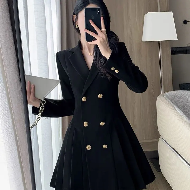 Female Clothing Tailored Collar Mini Dress Commute 2023 Spring Autumn Double Breasted Basic Solid Color Stylish Pleated Dresses