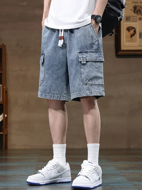 

Мужские летние тонкие свободные джинсовые шорты-бриджи (до колена) в повседневном стиле, свободного кроя, рабочие, со средней посадкой, прямые, дышащие, комфортные