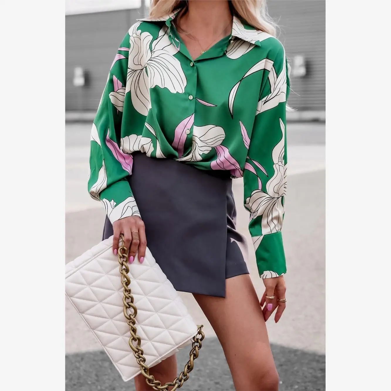 

Spring Autumn New Release Single Button Large Flower Pattern Commute Loose Long Sve Women's irt Top Street Sle Polyest...