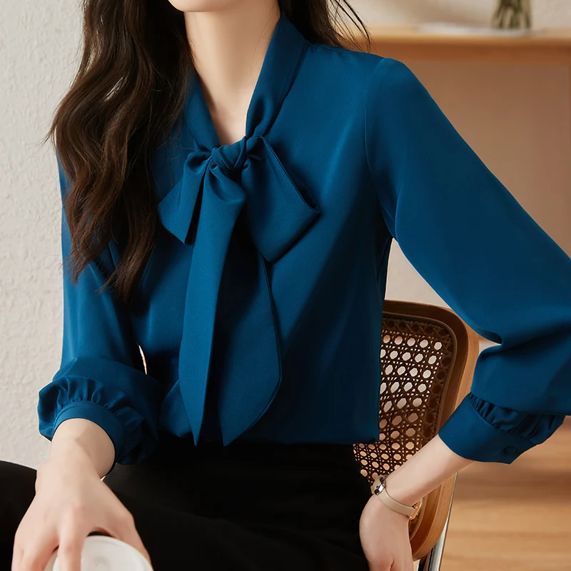 Women Autumn Winter Style Satin Blouses Basic Tops Lady Office Shirts Casual Bow Tie Collar Long Sleeve Loose Blusas Tops