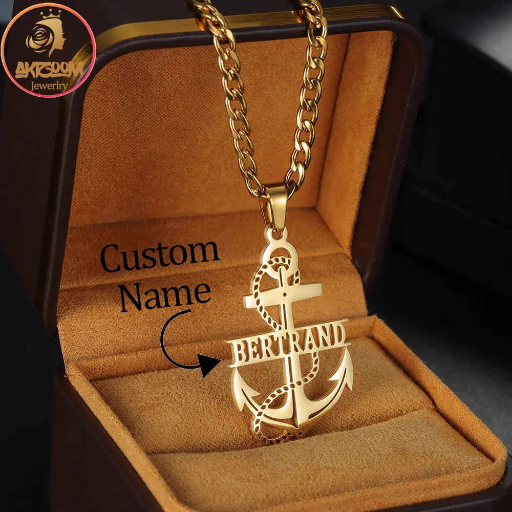Custom Name Anchor Sailor Pendant Necklace Stainless Steel Personalized Motor Helmet Cuban Chain for Women Kids Jewelry Gift