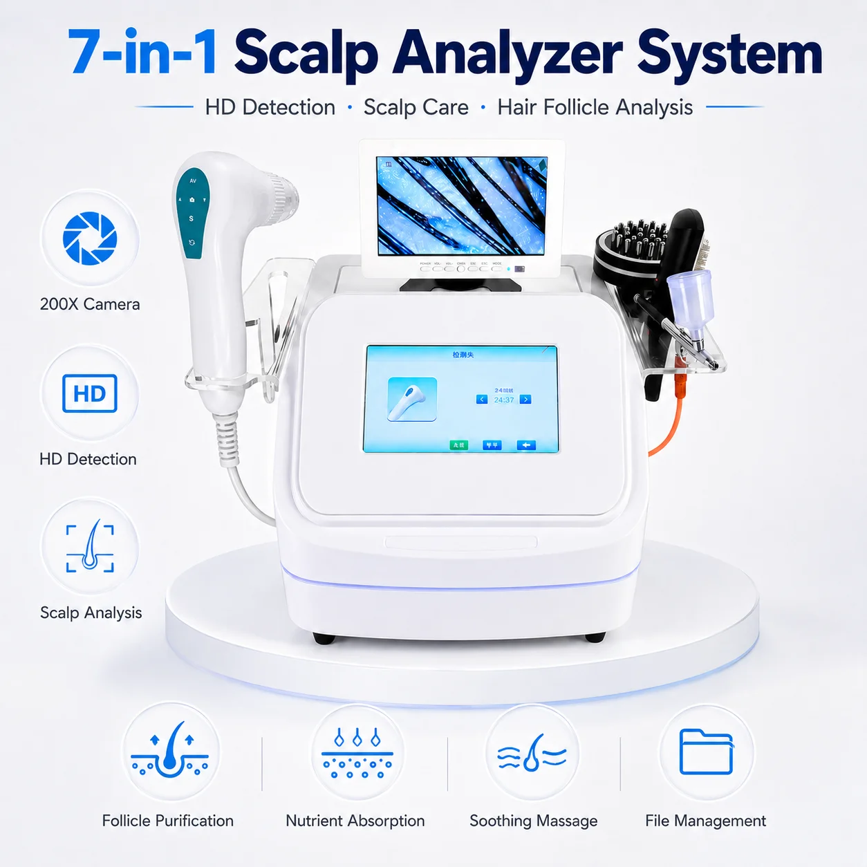7 in 1 Multifunctional A/nalyzer Scalp Hair Analysis Loss Treatment Massager 200X C/amera B/eauty Machine