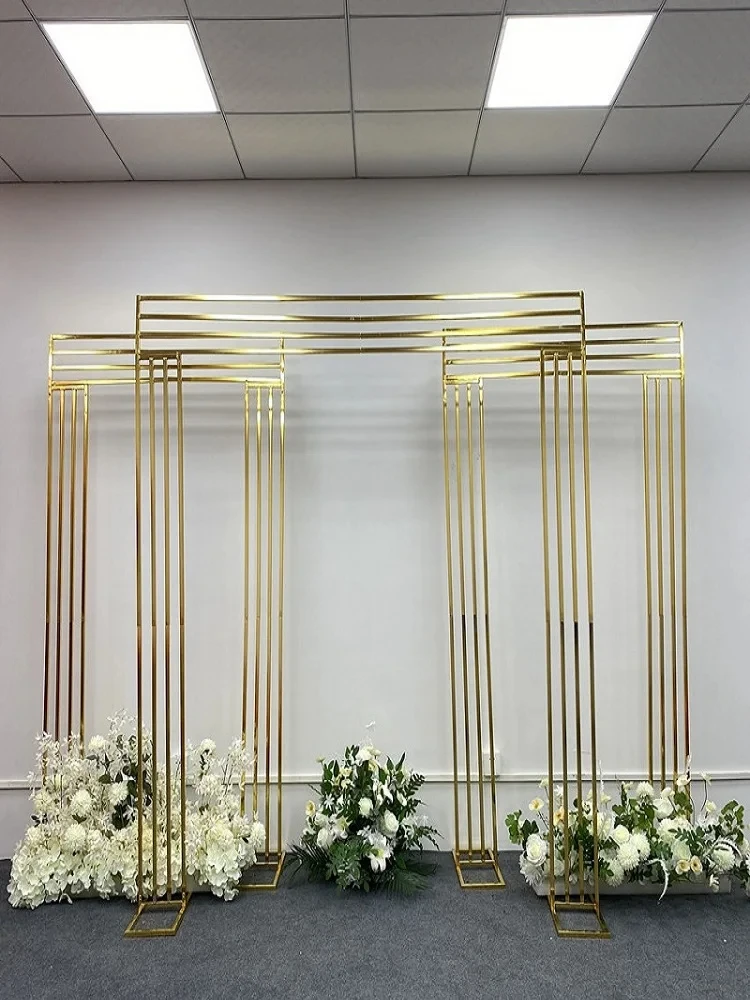 3-teiliges, glänzend vergoldetes 2,2 m langes quadratisches Hintergrundregal, geometrischer Blumenbogen für Hochzeiten, Türständer, künstliche Floristenbedarf. – Detail 30