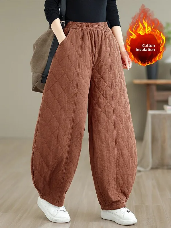 الرجعية الشتاء القطن الكتان السراويل كبيرة الحجم الملابس النسائية مبطن الماس نمط الدافئة فانوس السراويل ملابس خارجية
