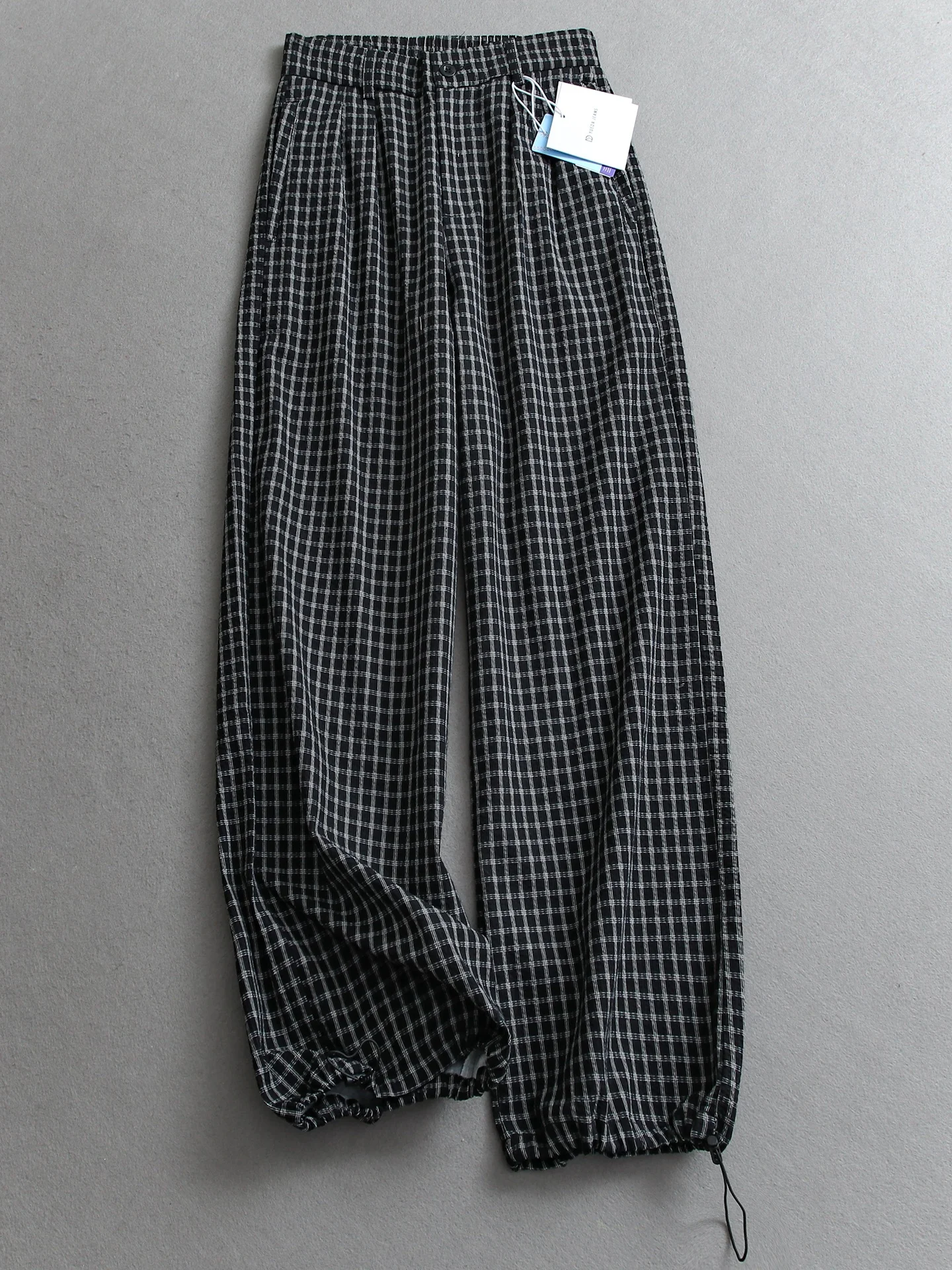 

Retro Contrast Color Plaid Half Elastic Waist Slimming Loose Straight Leg Pants Women's Casual Pants W628 Checkered Wide Leg ...