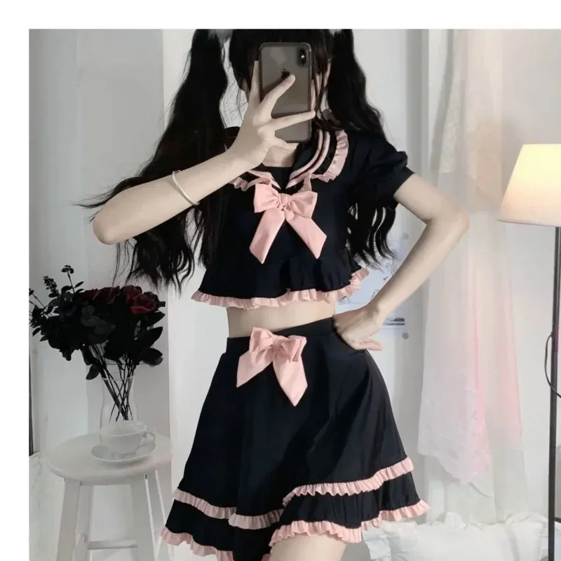 Cute School Girl Cosplay Sukumizu Bow Colletto alla marinara Costumi da bagno a due pezzi Nero Lolita Ruffle Bikini Costume da bagno Top Gonna Set