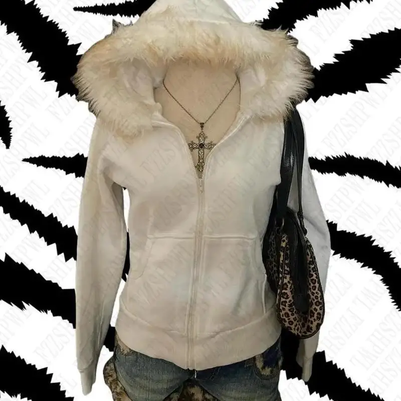 Y2k Women Aesthetic Harajuku Faux Fur Collar Hoodies Clothes Graphic Hip Hop Punk Gothic Zip Up Hoodies Streetwear Jackets EGirl