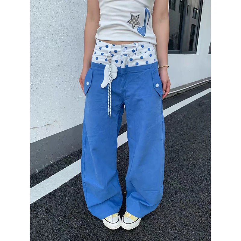 YIBASHU Women Blue Denim Pants Cargo Jeans Baggy Y2K American Streetwear Aesthetic 2000s Retro Dot Splice Denim Jeans Autumn