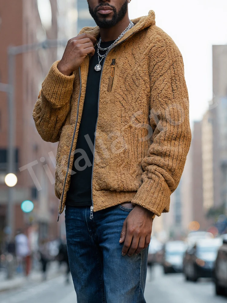 

Мужская зимняя флисовая куртка, теплое пальто с капюшоном, плюшевая верхняя одежда на молнии, повседневная уличная одежда, толстая толстовка с карманами, коричневая