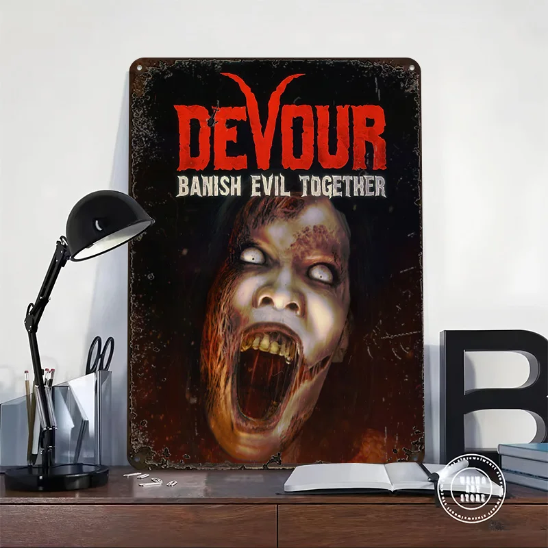 Devour: Banish Evil Together Poster Retro 3D Printed Metal Signs Customized Wall Hanging Gift for Room Decorating Interior Art