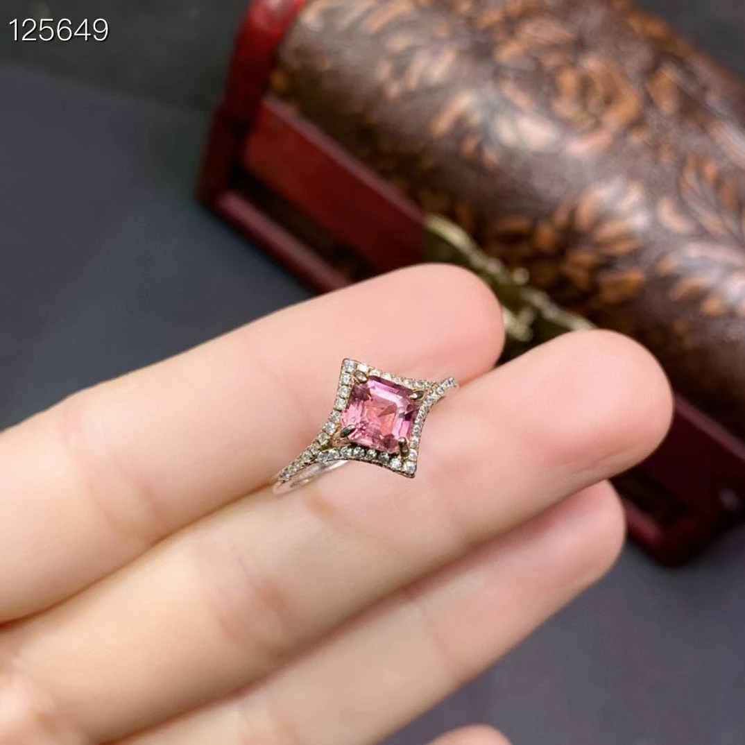 Beautiful Pink Tourmaline Engagement Ring for Woman 6mm*6mm Natural Tourmaline Ring Solid 925 Silver Jewelry with Gold Plated
