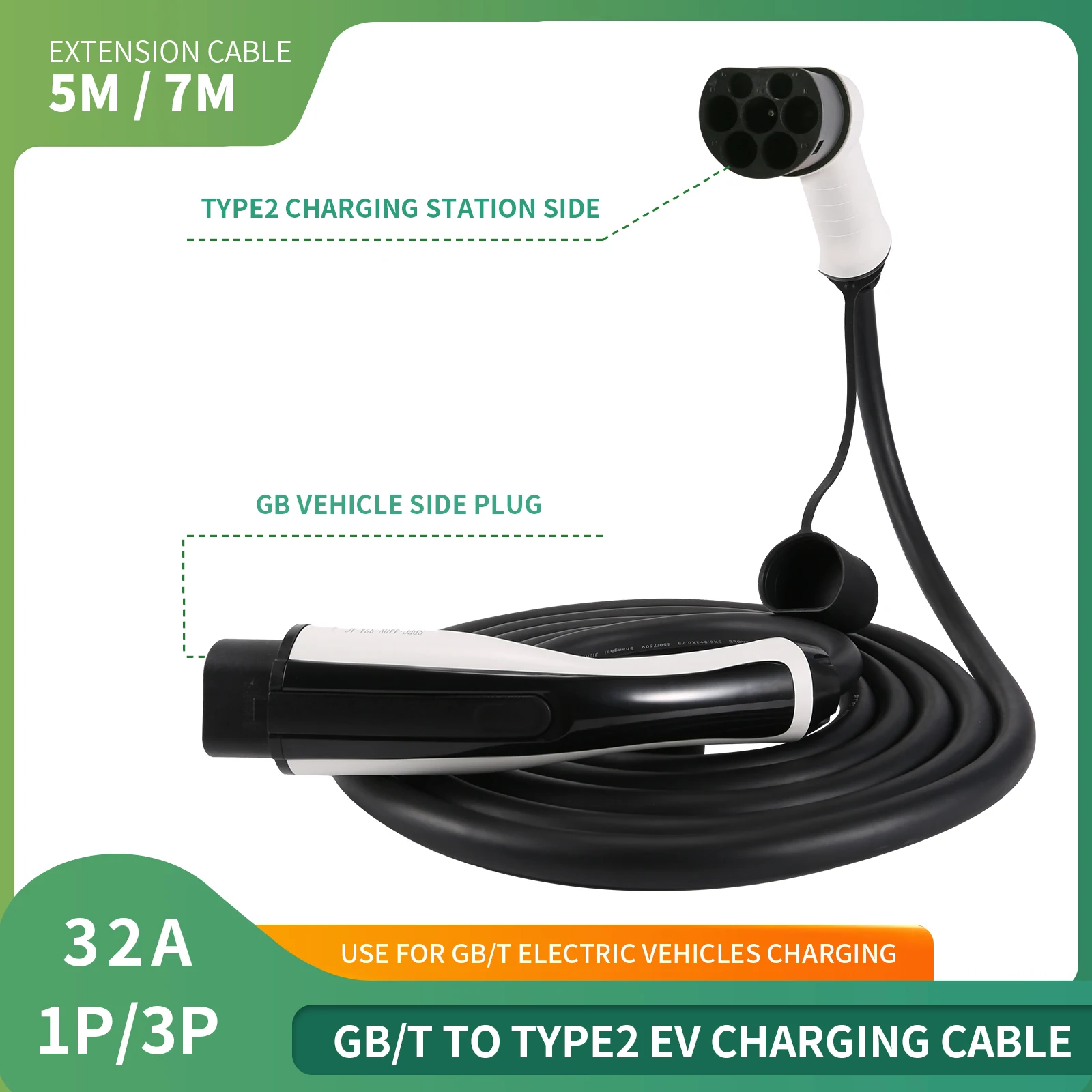 32A Three Phase 22kw Type 2 to GBT EV Charging Cable With 5m Cable Use for GBT Electric Vehices Charging 200V~380V