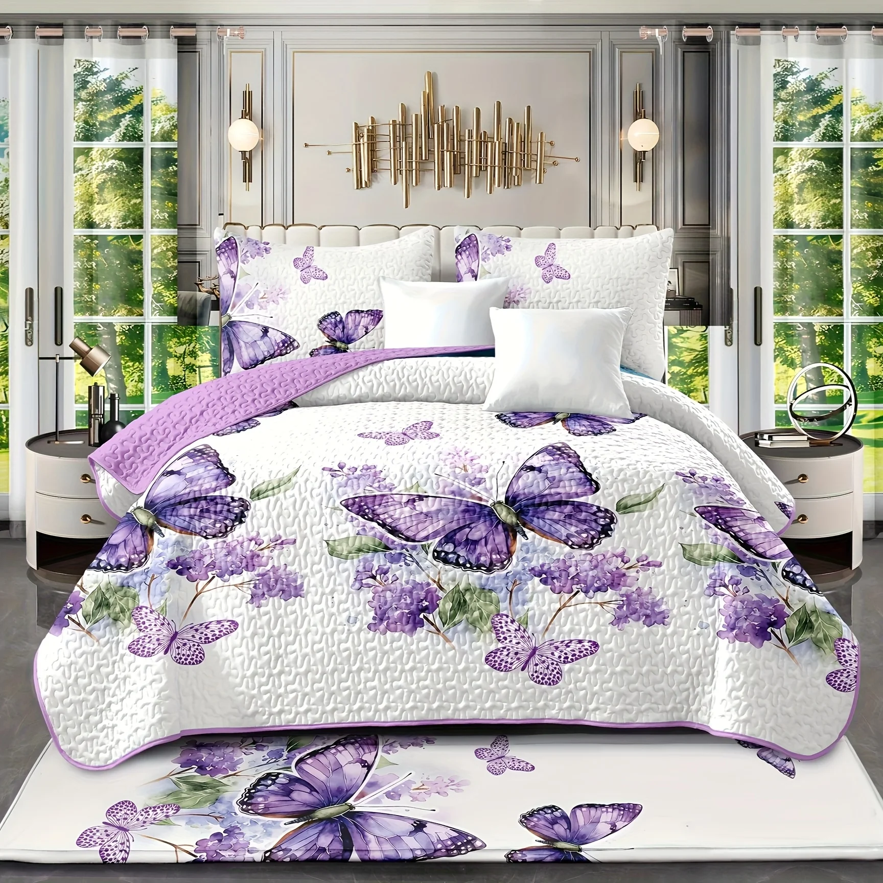 Juego de funda nórdica de verano color lavanda con 2 fundas de almohada – Diseño floral romántico, tejido ligero y transpirable de mezcla de algodón, tacto suave, sensación fresca, fácil de cuidar (lavable a máquina), opción de regalo ideal