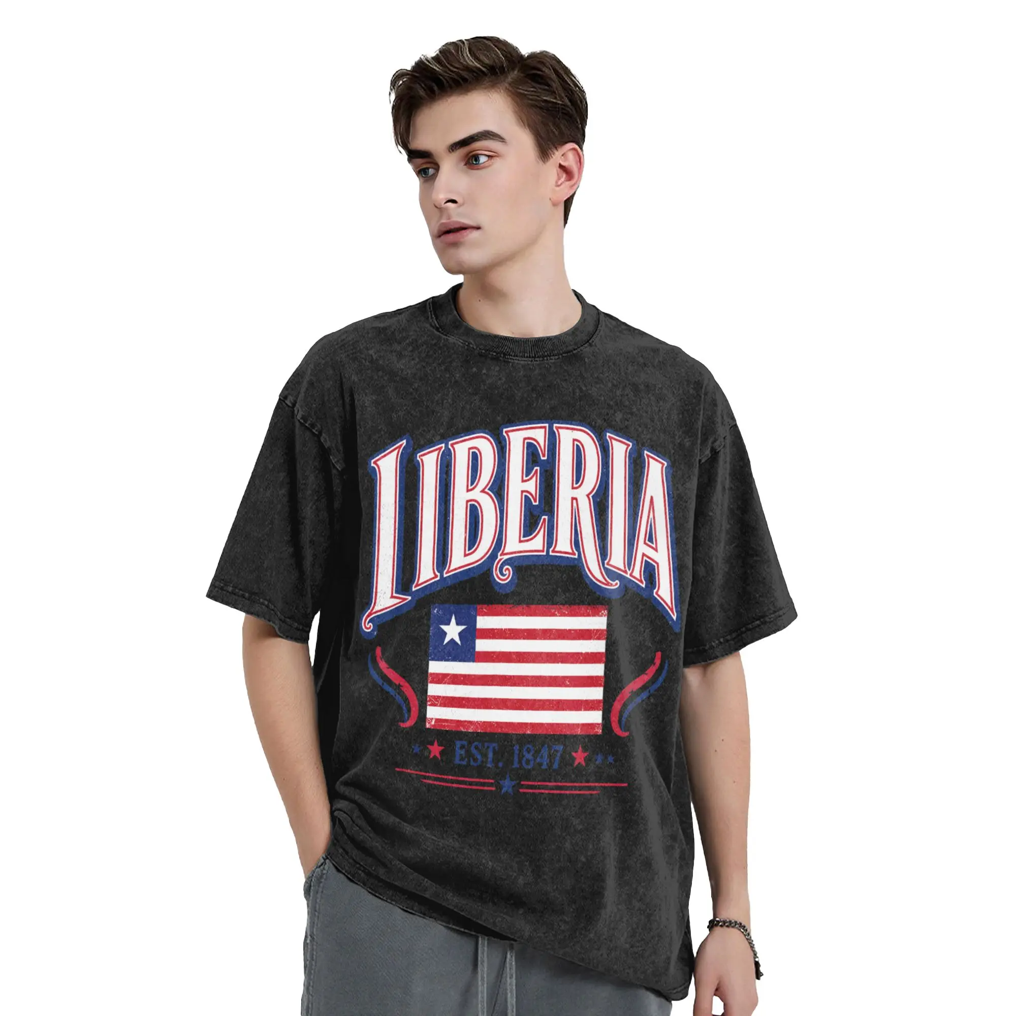 Liberia Est 1847 Independence Day  Washed T Shirt Streetwear  Novelty T-Shirt  Tees Men Women Short Sleeve Harajuku Printed