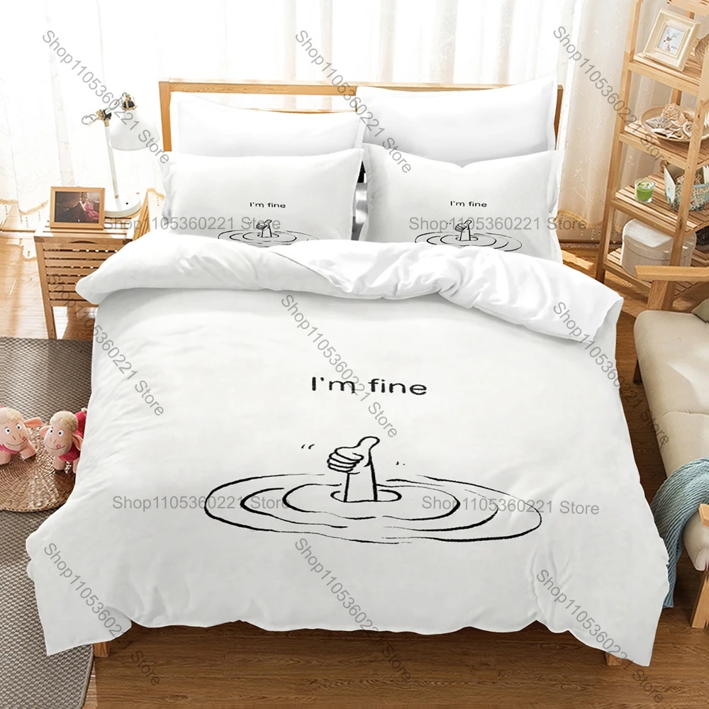 I'm Fine Bedding Set Duvet Cover + 2 Pillowcases Minimal Positive Self Love Quote Neutral Calm Bedroom Decor