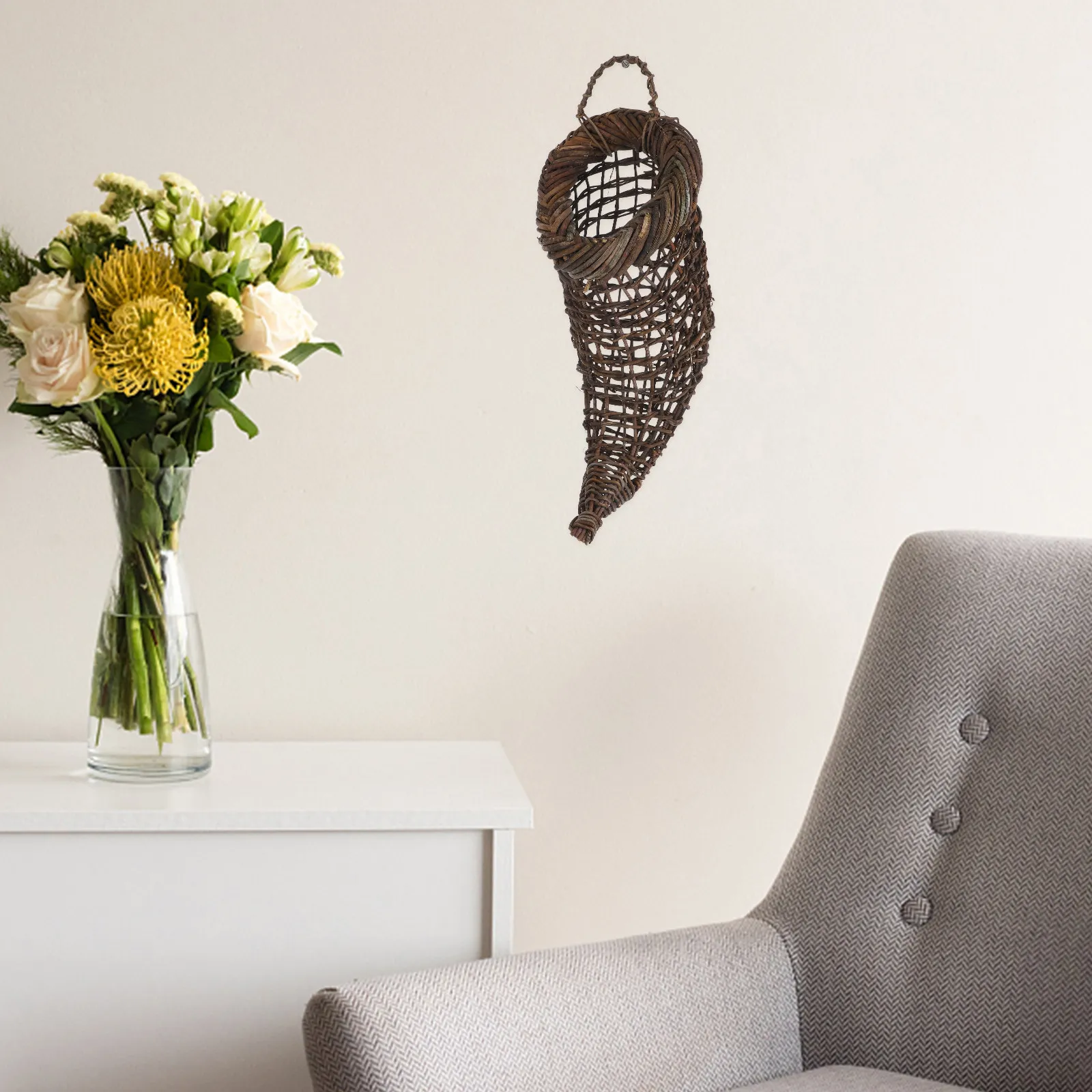 Woven Hanging Basket Cornucopia Bell Design Rustic Decorative Wall Mounted Basket Front Door Or Table Centerpiece