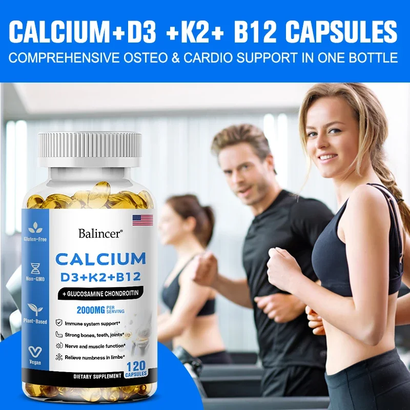 Calcium + D3 + K2 + B12 Capsules - Support Bone and Muscle Health, Replenish Joints