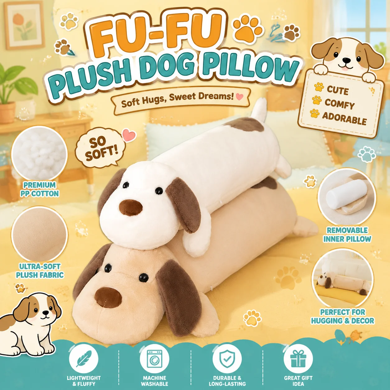 Plush Dog Stuffed Puppy Long Pillow Large Size Detachable Inner Liner Sleeping Hugging Pillow For Bedroom Sofa Adult Wholesale