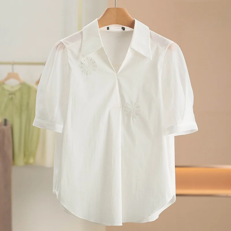 

599 HangLW Beaded iny irt Summer New Women's Faion Turn-down Collar ort Sve Cotton Blend Straight Cut Busin Cas...